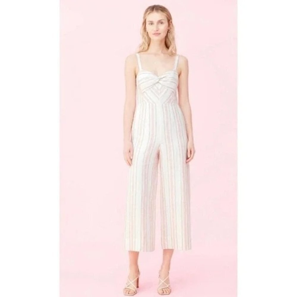 Rebecca Taylor White & Pink Stripe Wide Leg Linen Cropped Jumpsuit 8 - Picture 1 of 7